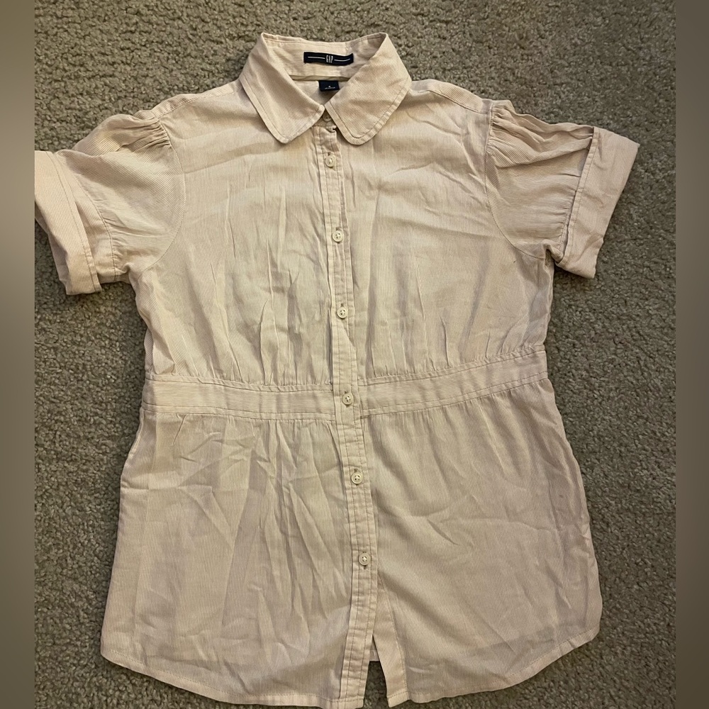 GAP Short Sleeve Button Up Blouse Shirt Tan/Cream Stripes Size S Small